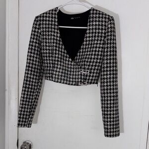 Zara Black & White Houndstooth Cropped Blazer